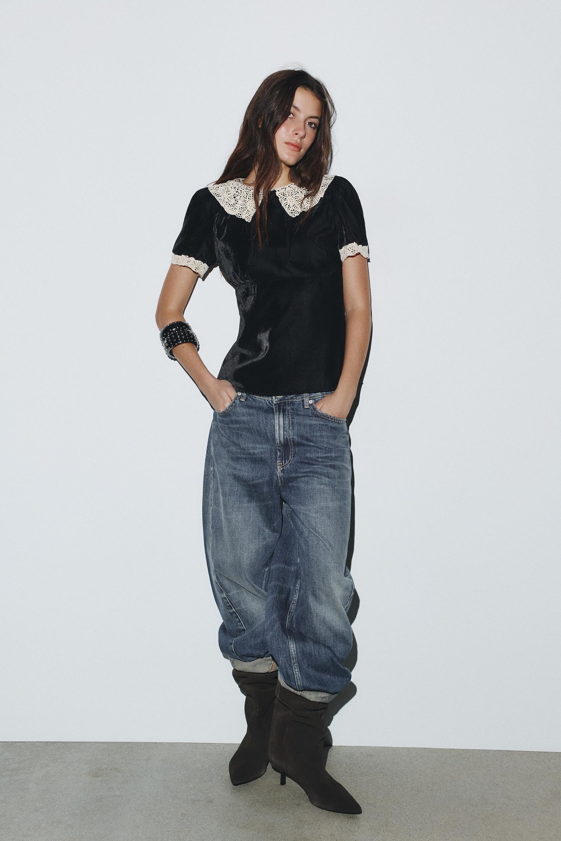 Velvet Crochet Bow Shirt