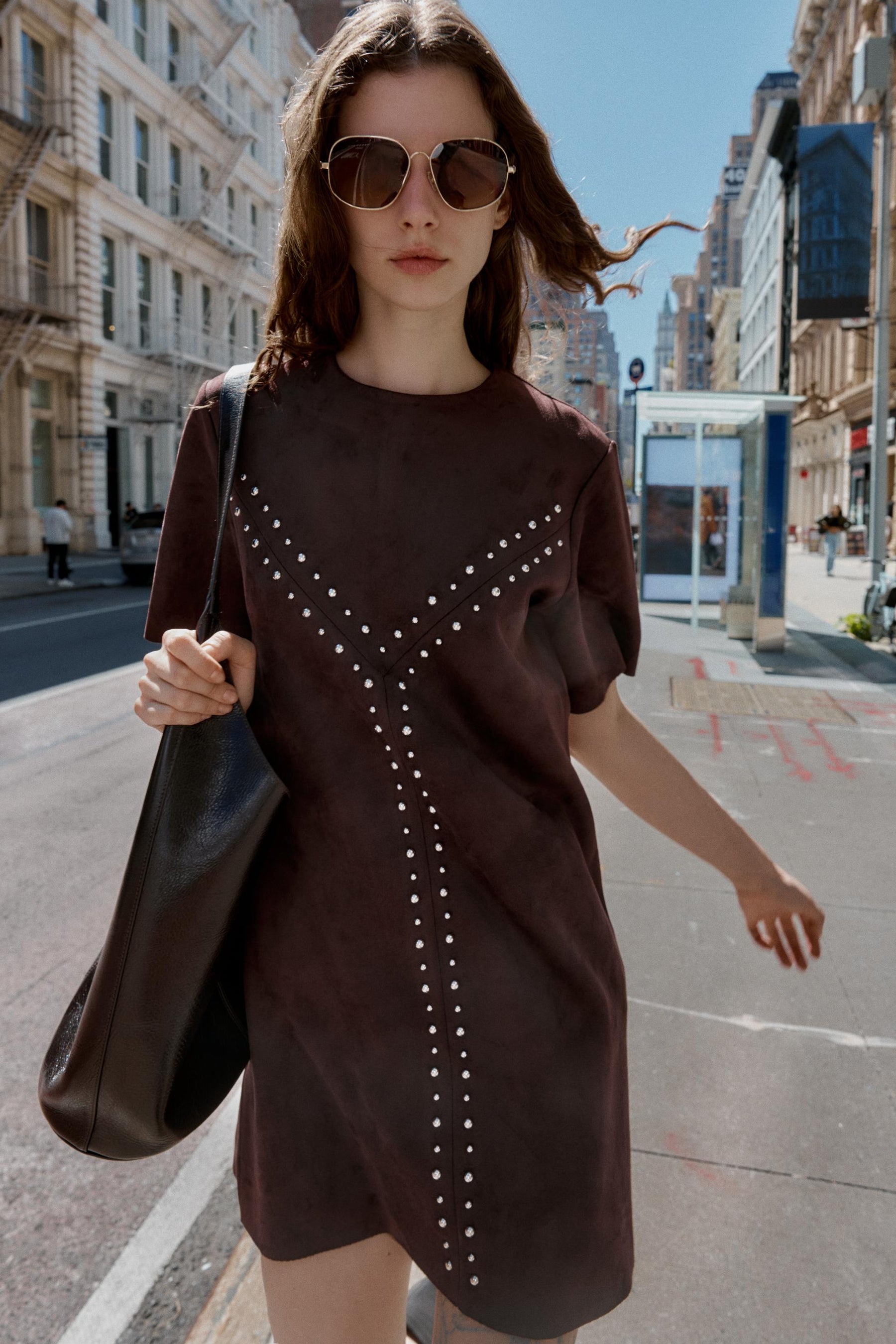 STUDDED FAUX SUEDE DRESS