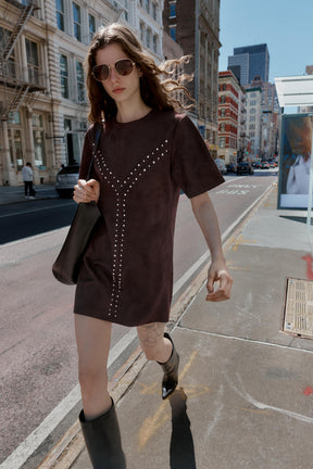 STUDDED FAUX SUEDE DRESS