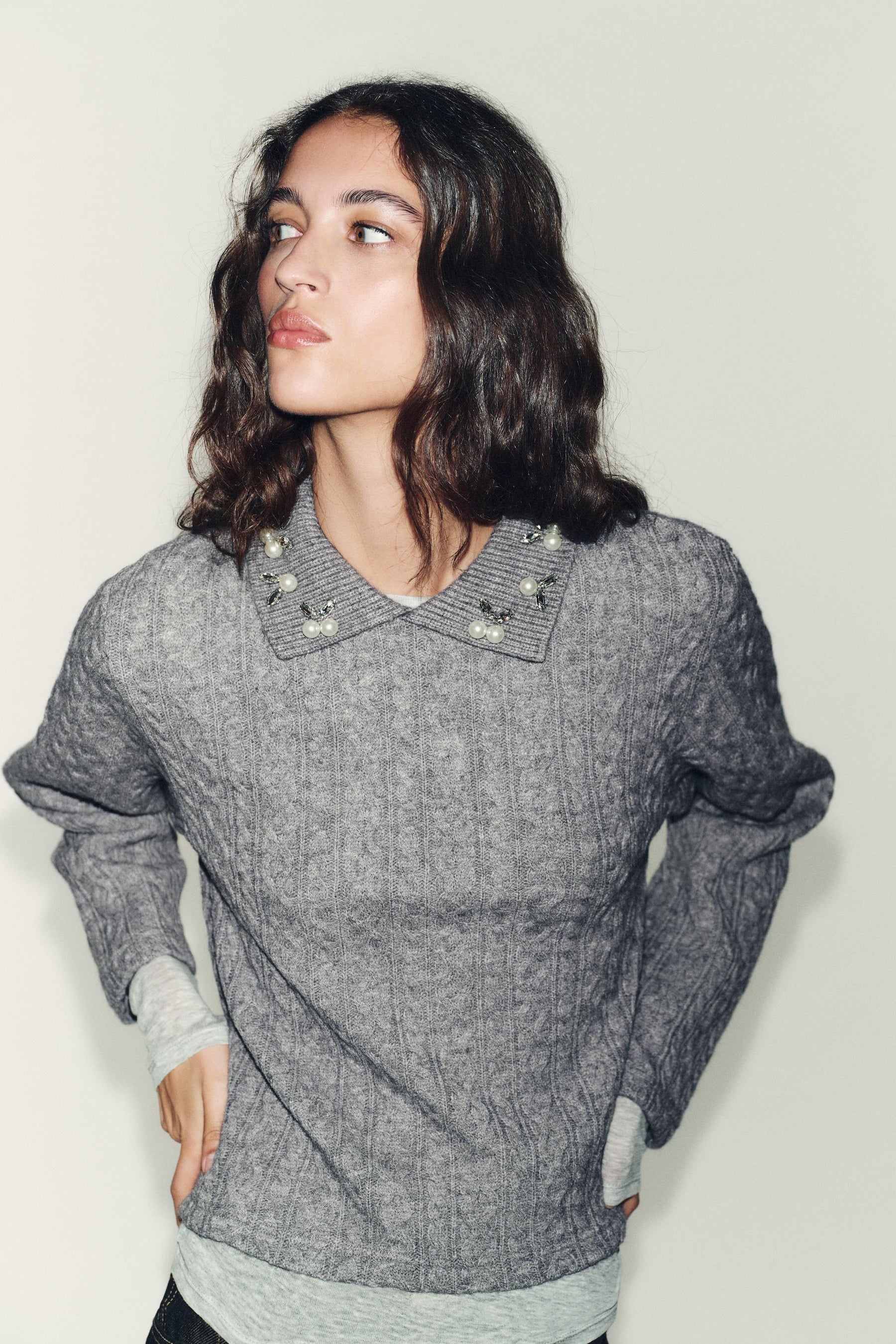 CABLE-KNIT JUMPER WITH JEWEL NECKLINE - Image 3