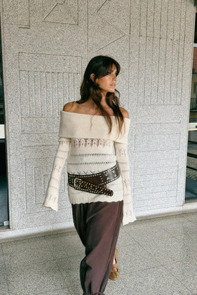 Off-shoulder openwork jumper