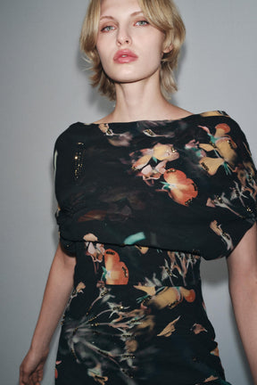 BEADED PRINTED CAPE DRESS - Image 2