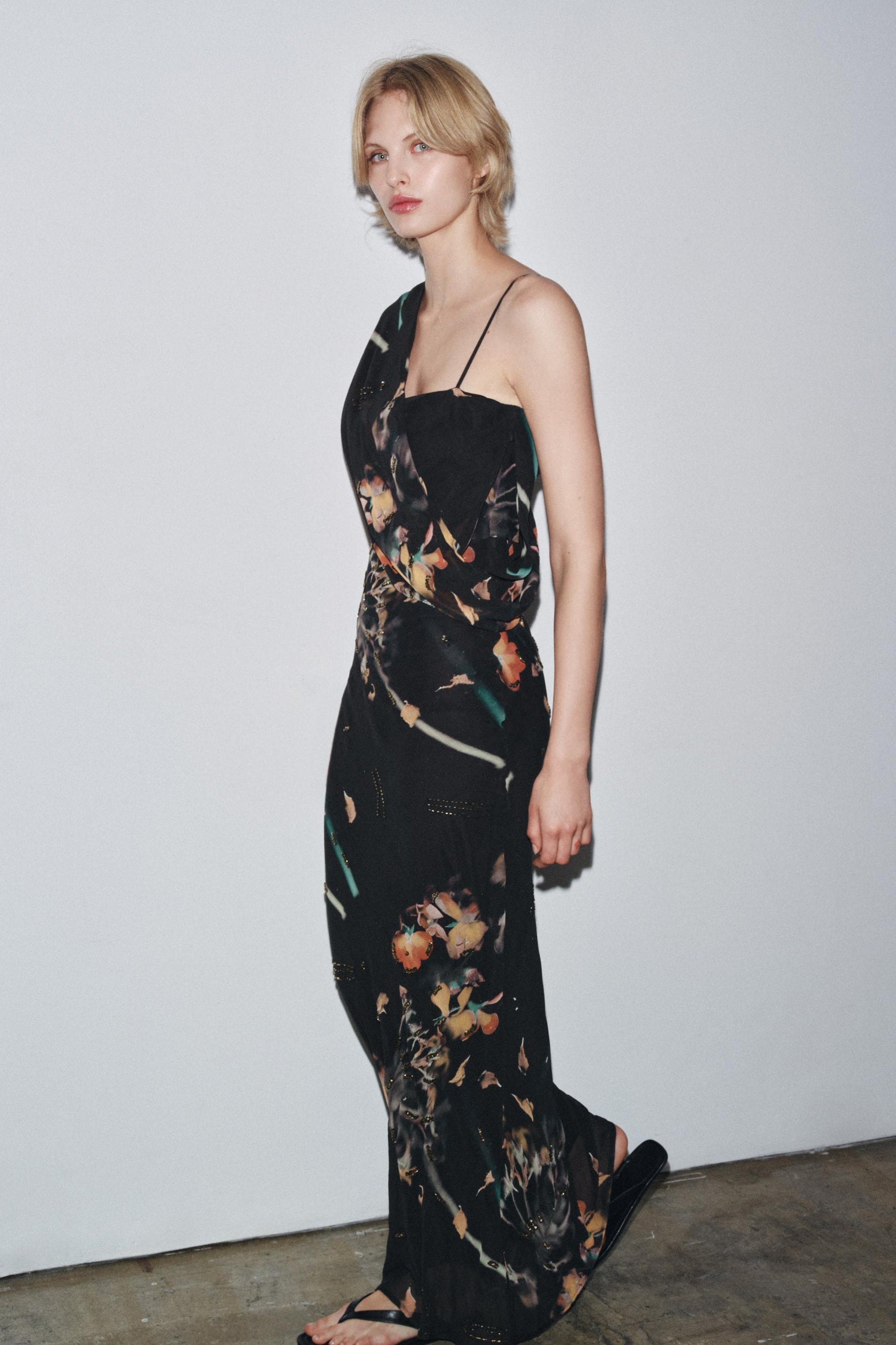 BEADED PRINTED CAPE DRESS - Image 1