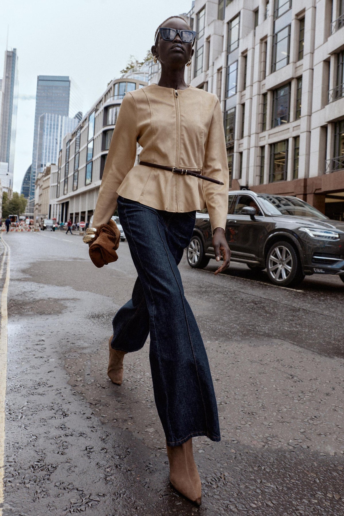 SUEDE EFFECT PEPLUM JACKET WITH BELT - Image 1