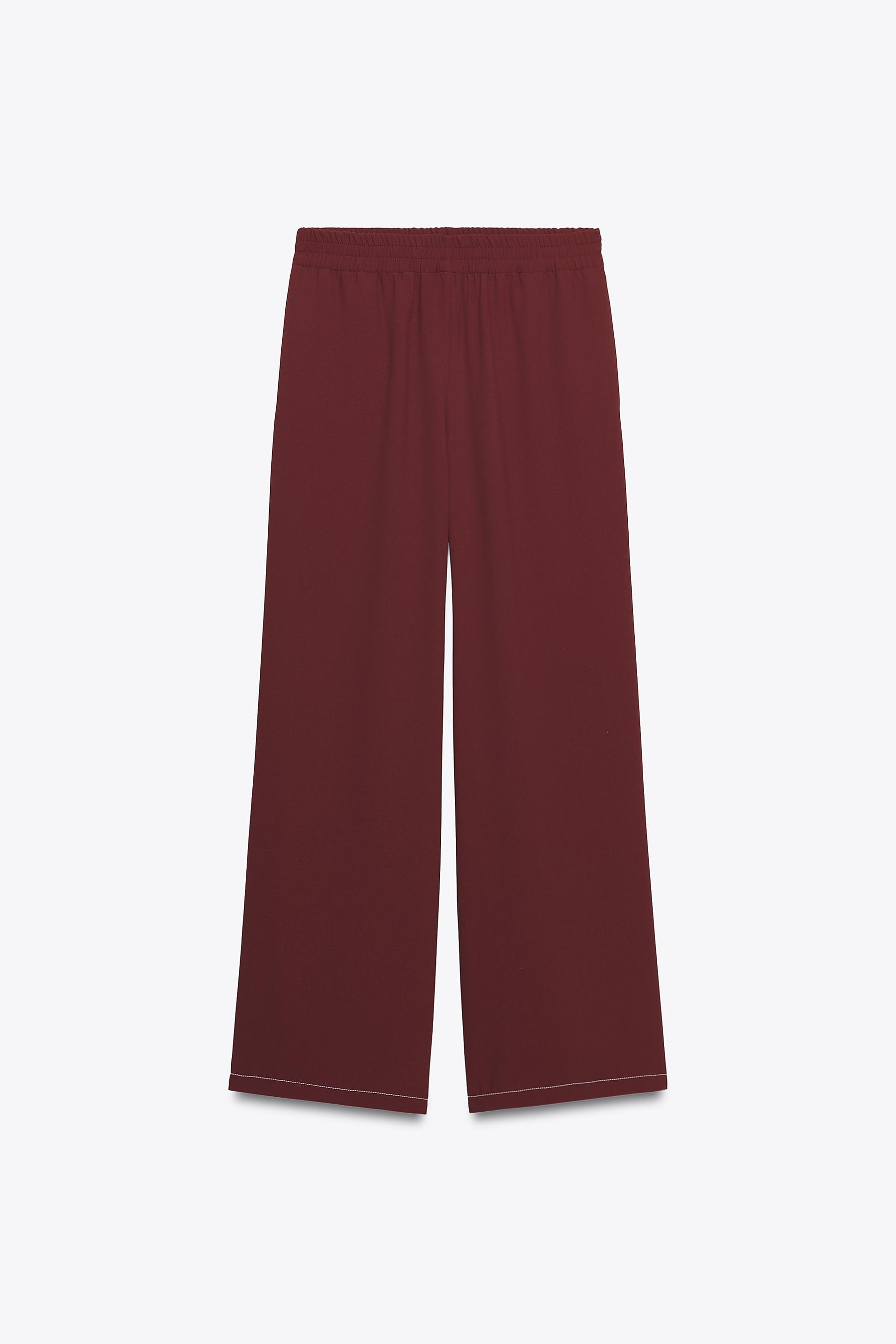 Contrast Topstitched Wide-Leg Trousers