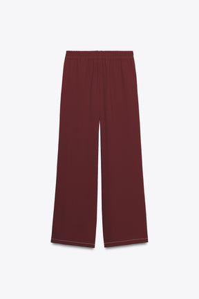 Contrast Topstitched Wide-Leg Trousers