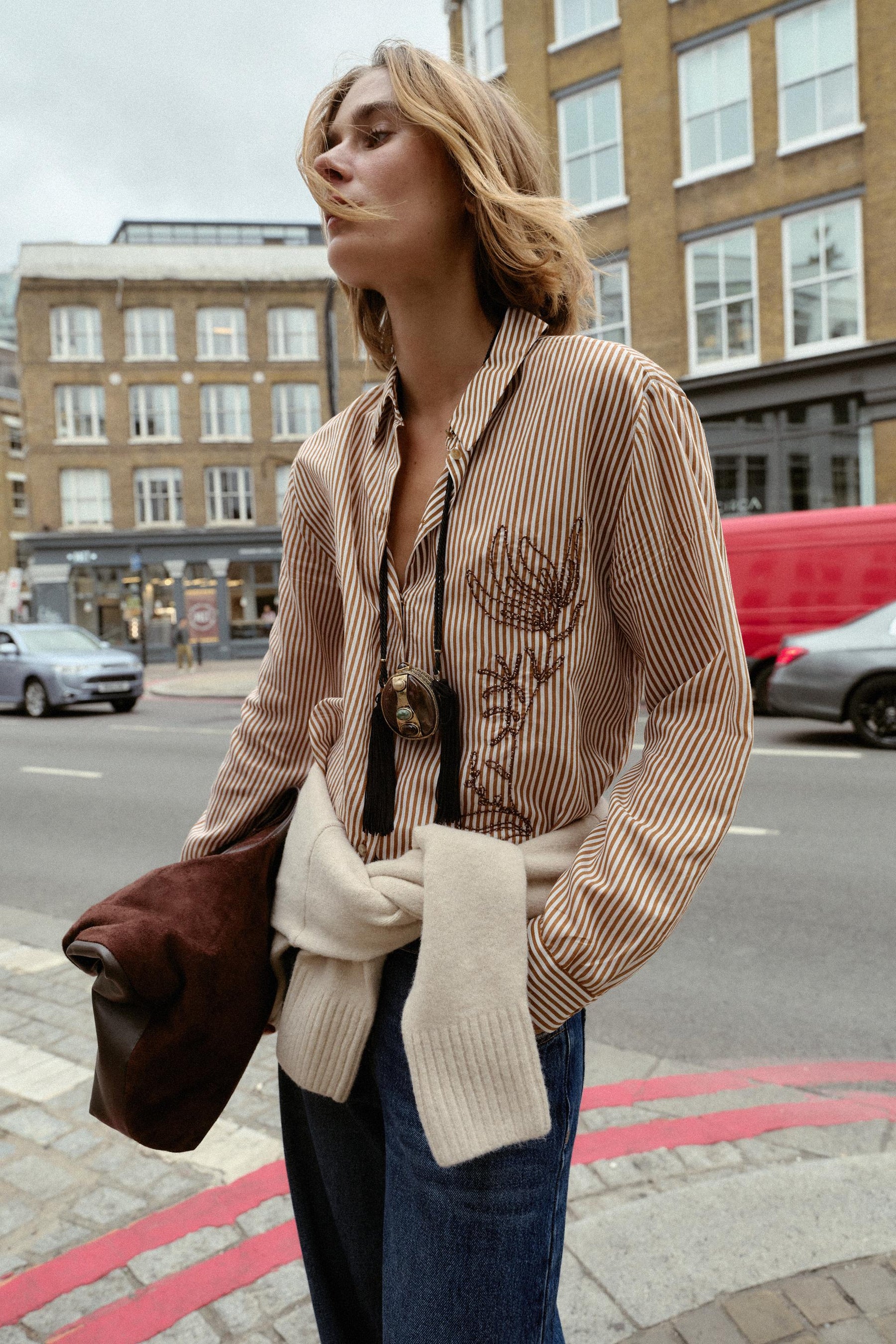 Embroidered Beaded Striped Shirt