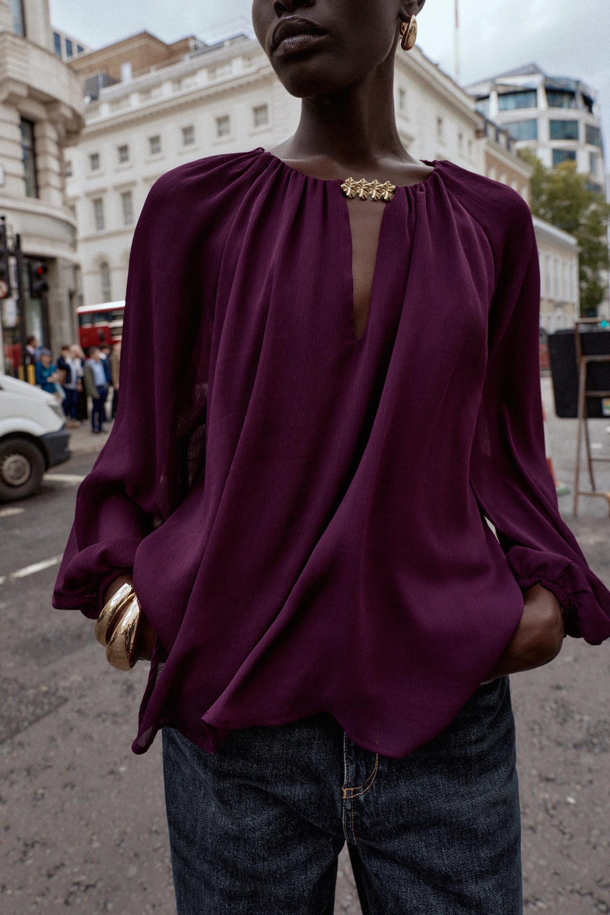 SEMI-SHEER BLOUSE WITH TRIM