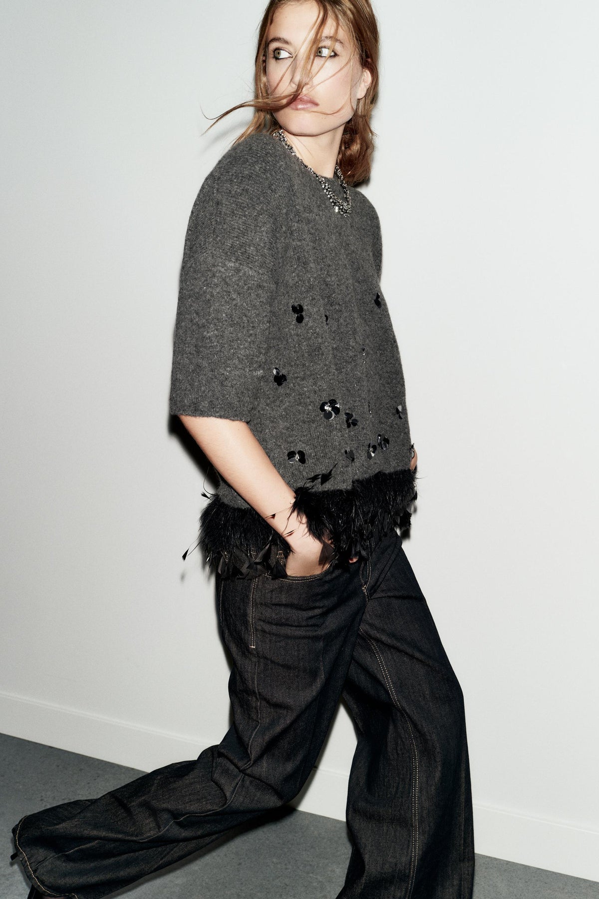 Sequin Feather Wool Jumper