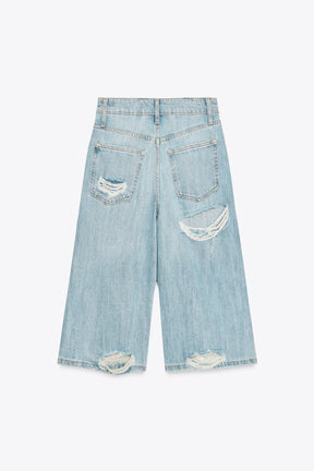 Ripped Denim Bermuda Shorts