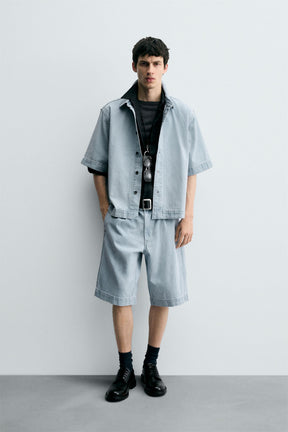 PLEATED RELAXED FIT DENIM BERMUDA SHORTS - Image 1