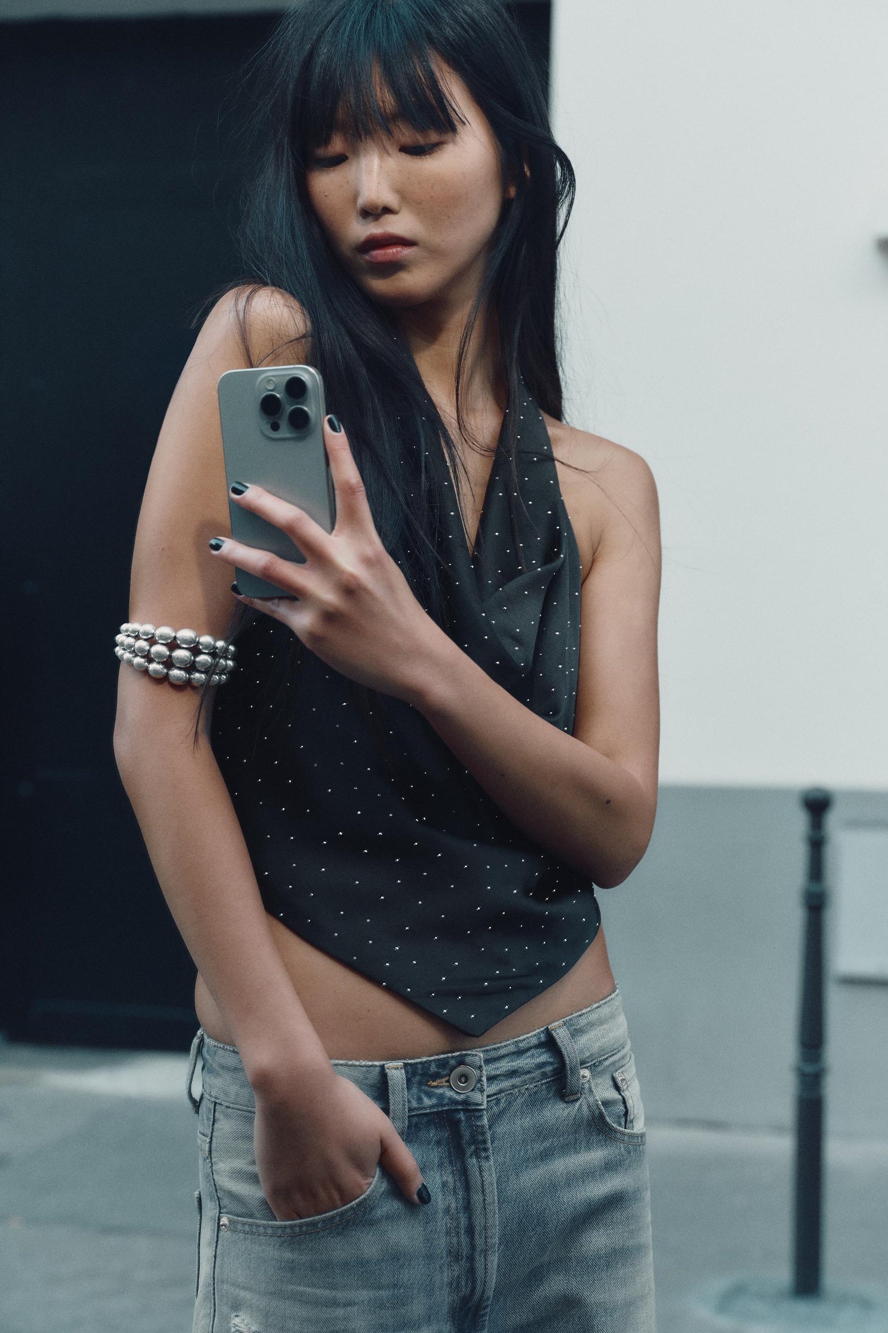 RHINESTONE SATIN HALTER TOP