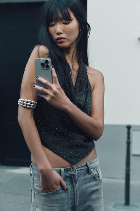 RHINESTONE SATIN HALTER TOP