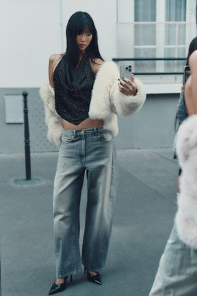 RHINESTONE SATIN HALTER TOP