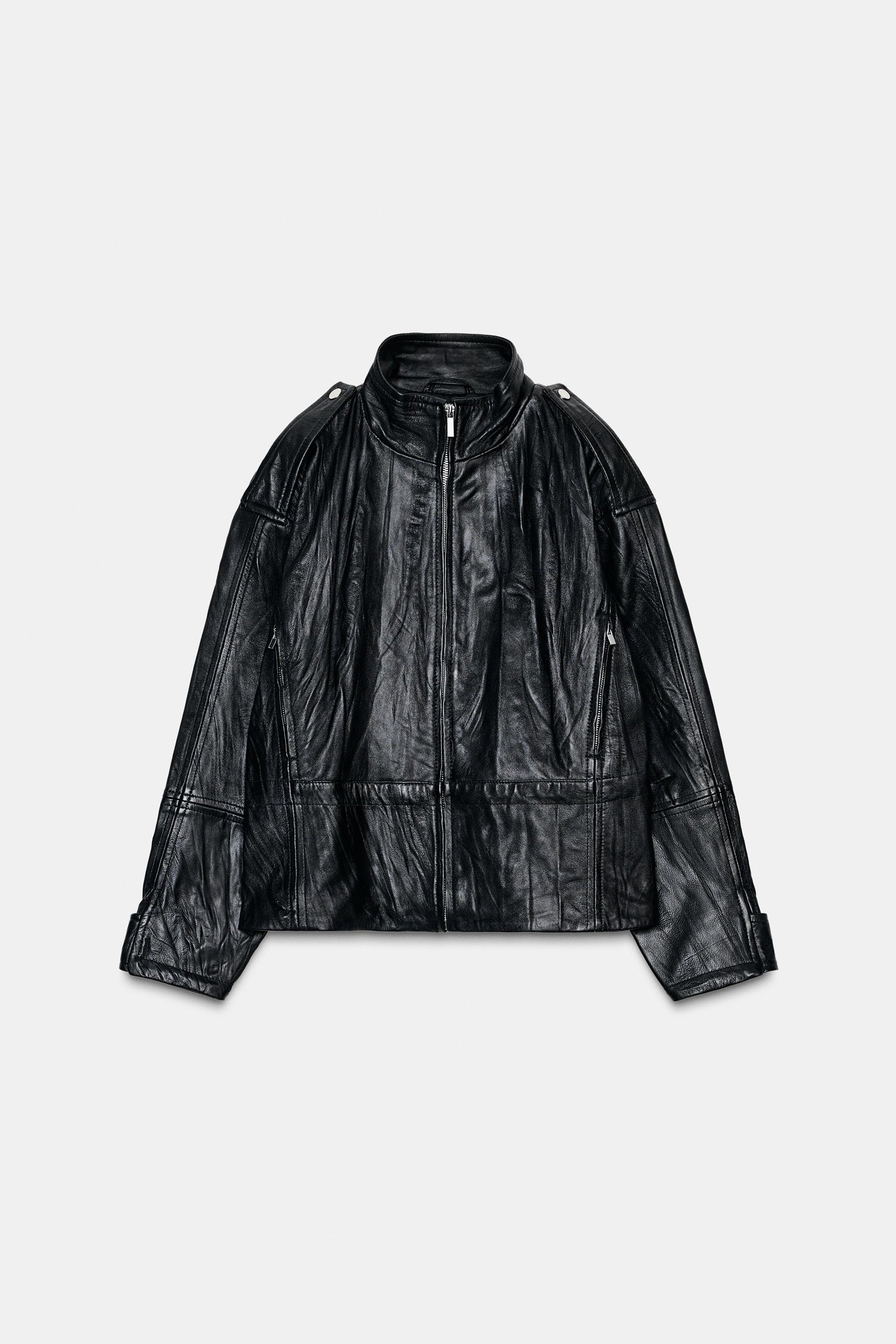 Crinkle-effect leather jacket