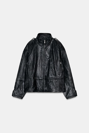 Crinkle-effect leather jacket