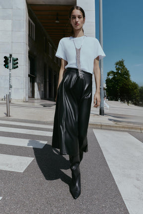 CONTRAST MIDI DRESS WITH LEATHER EFFECT SKIRT - Image 1