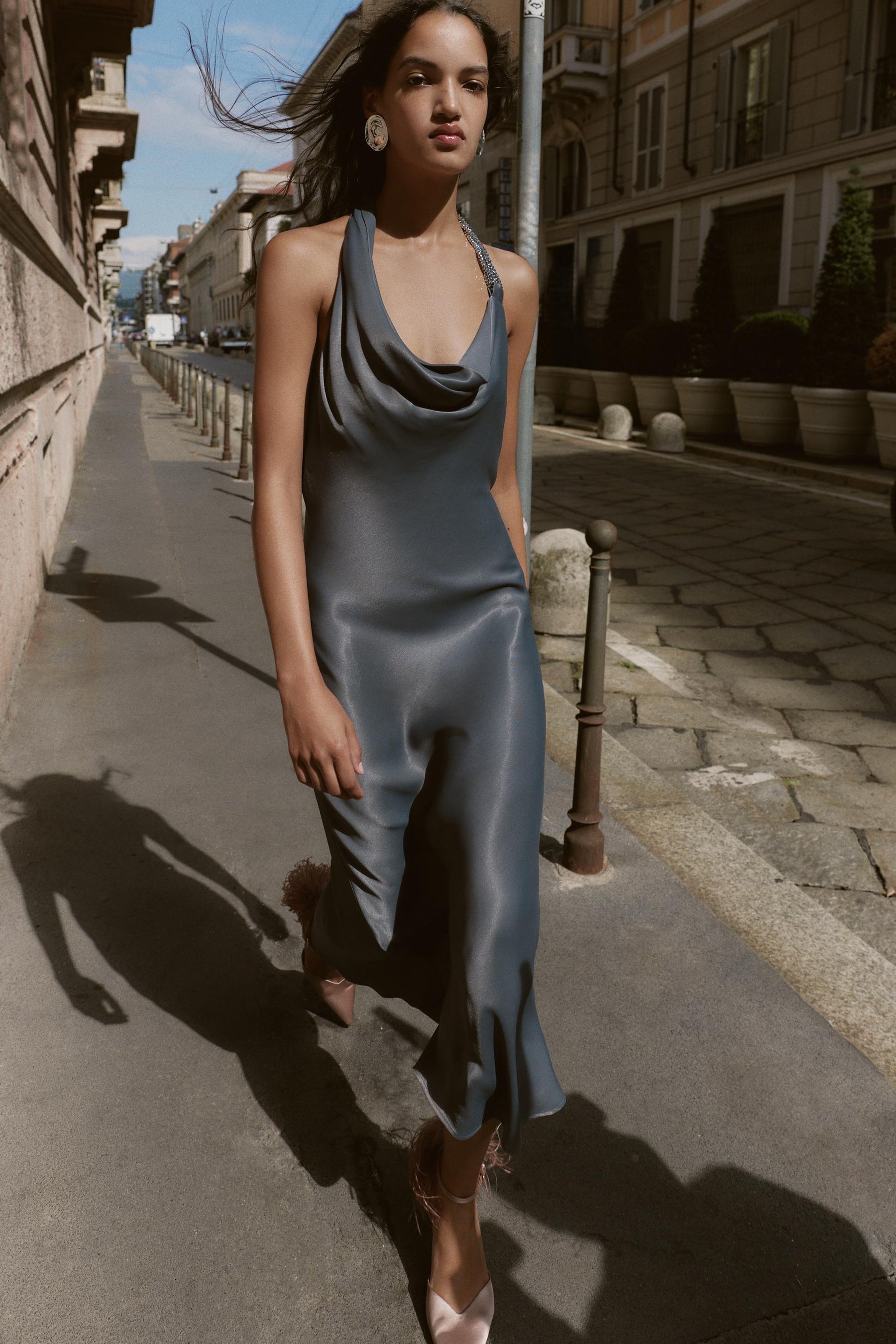 ASYMMETRIC BEADED SATIN MIDI DRESS - Image 2