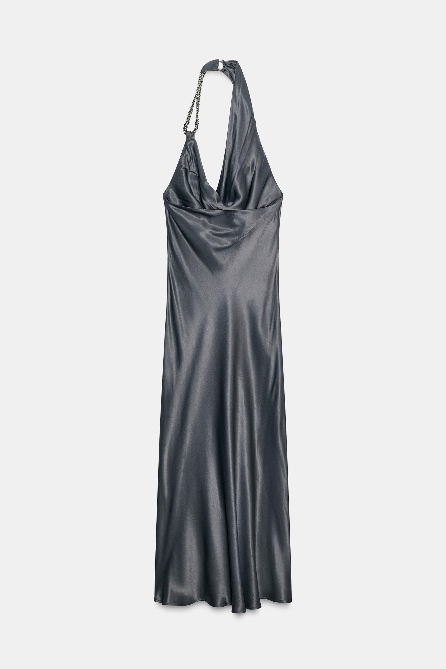 ASYMMETRIC BEADED SATIN MIDI DRESS - Image 9