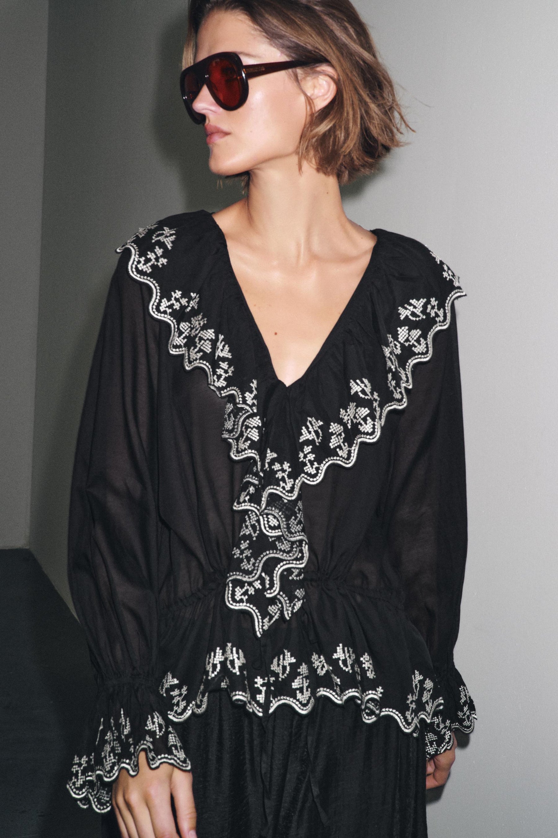Embroidered Ruffle Blouse