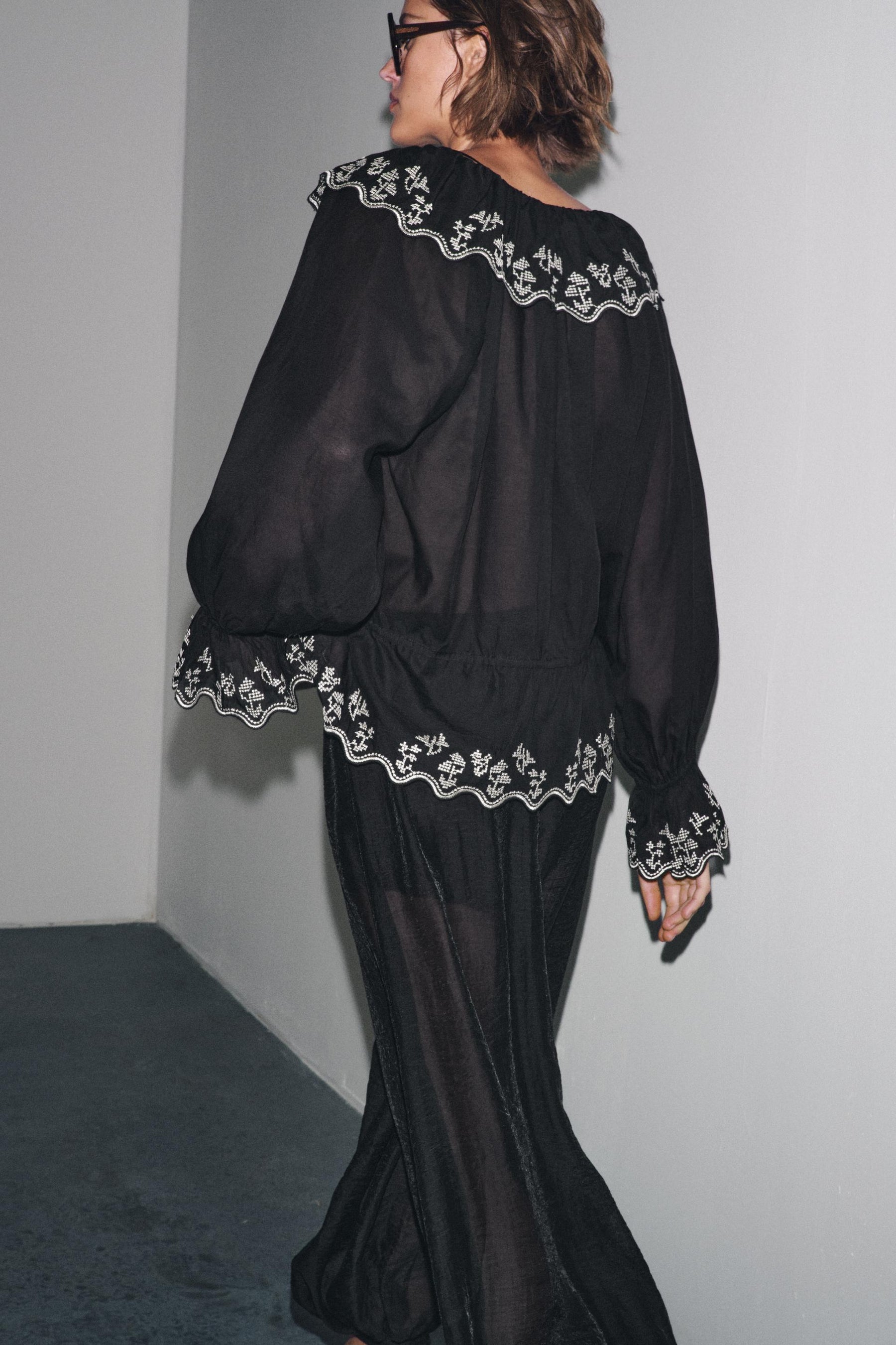 Embroidered Ruffle Blouse