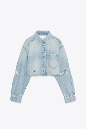 TRF RIPPED CROP DENIM OVERSHIRT - Image 6