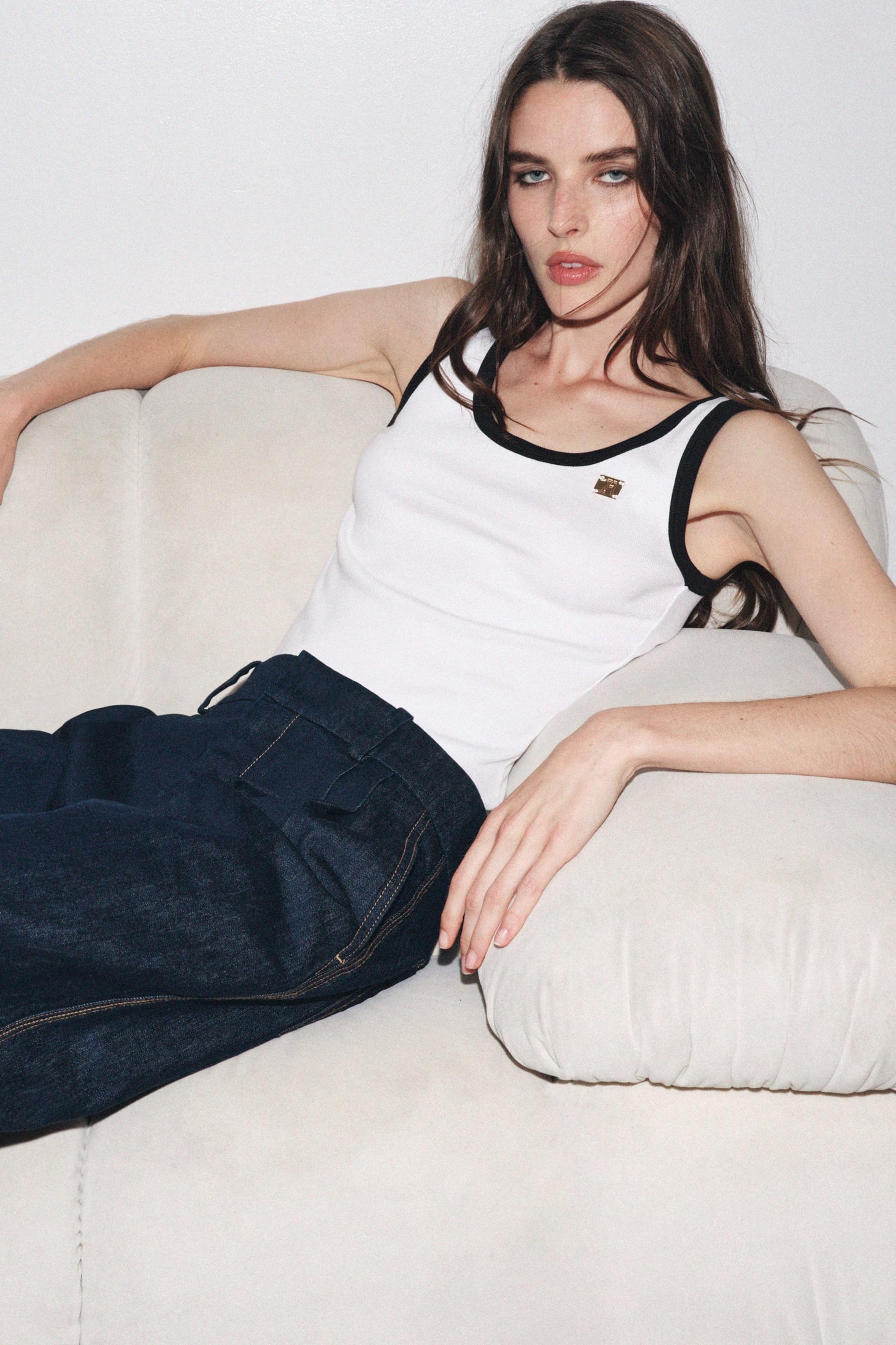 Contrast-Trimmed Brooch-Accented Top