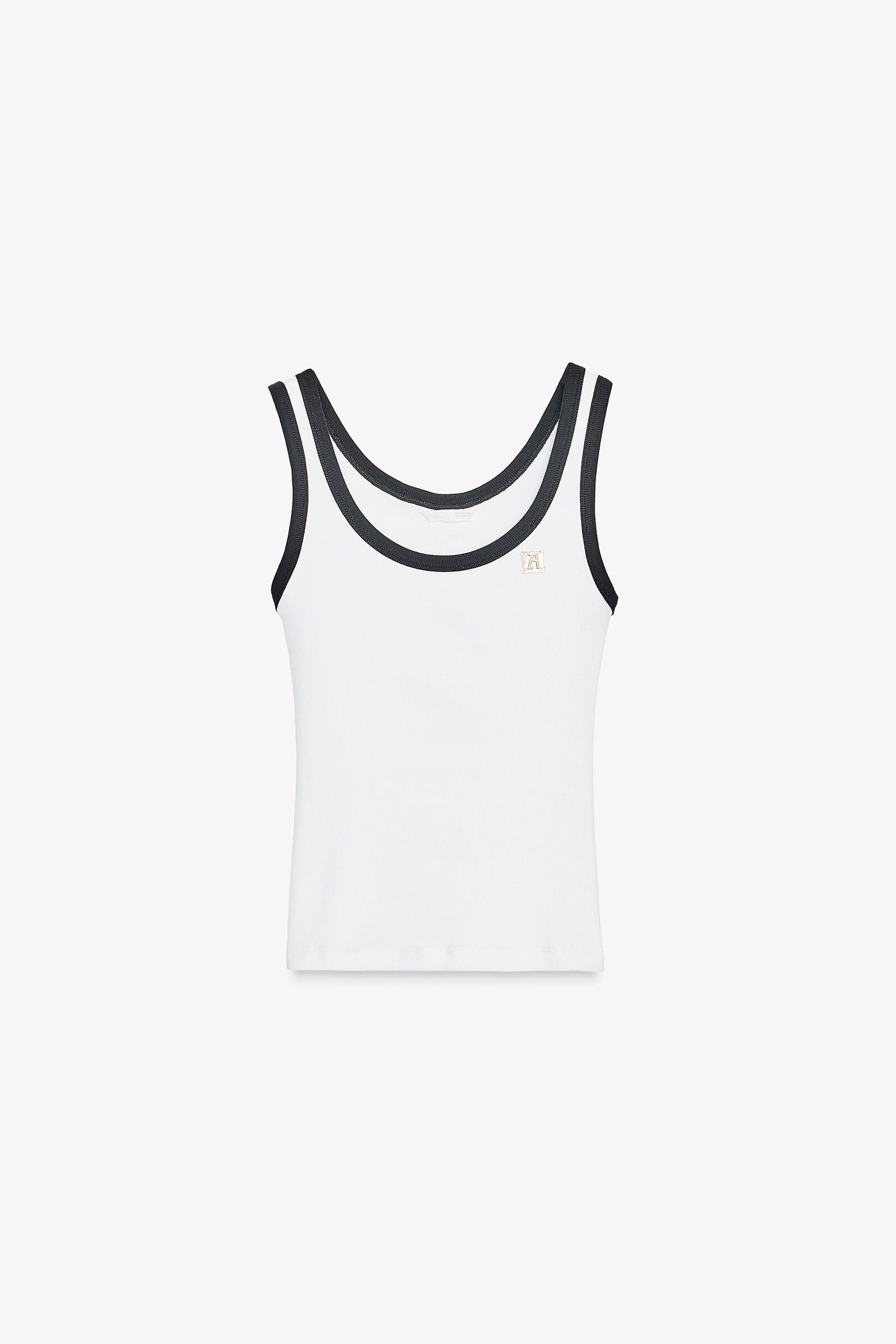 Contrast-Trimmed Brooch-Accented Top