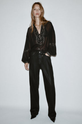 Beaded Semi-Sheer Blouse