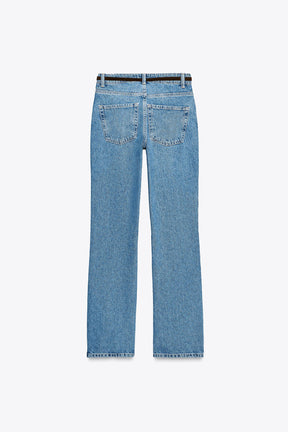 Straight high-waist belted jeans