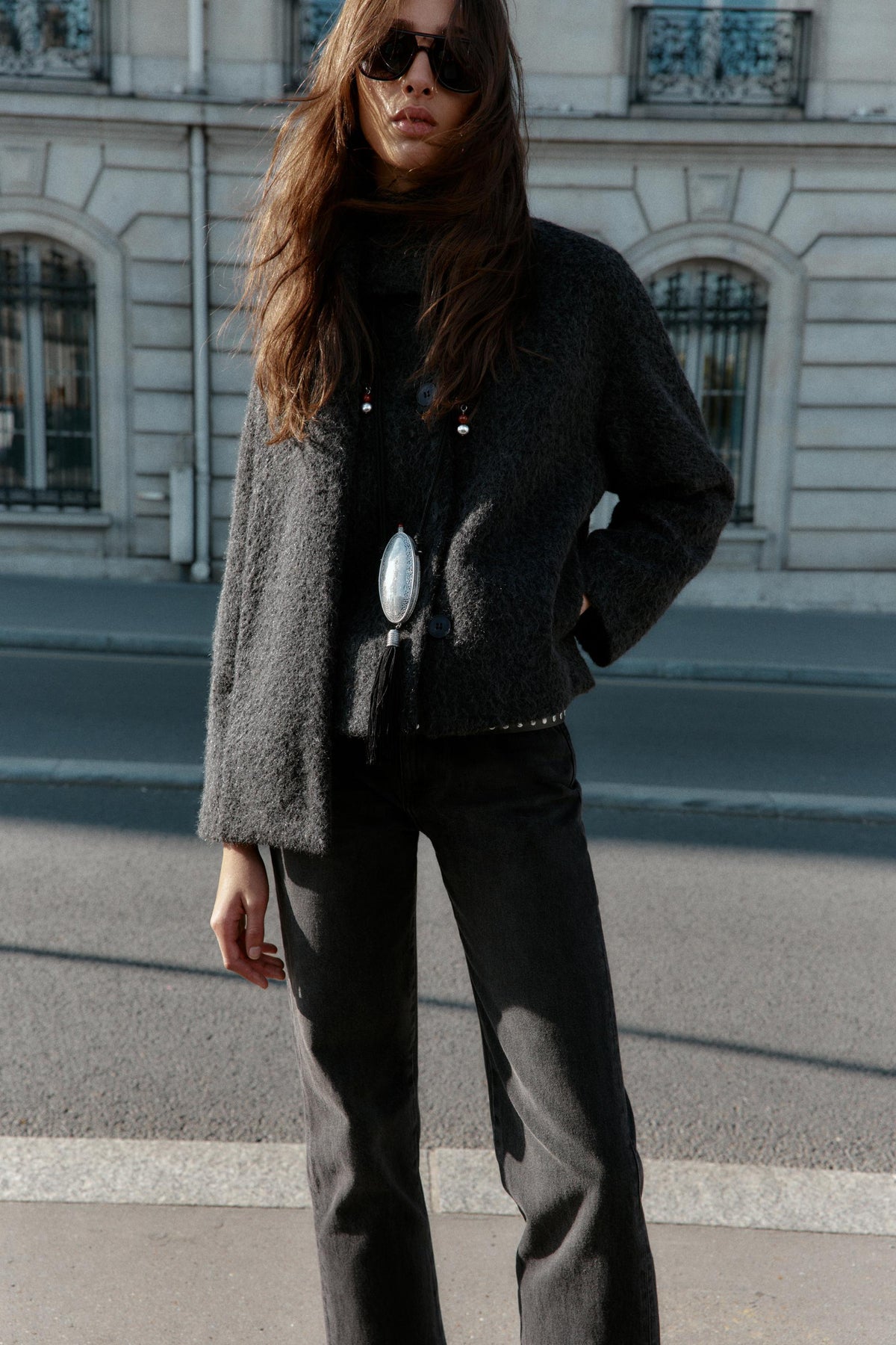 SHORT BOUCLÉ COAT WITH SCARF - Image 1