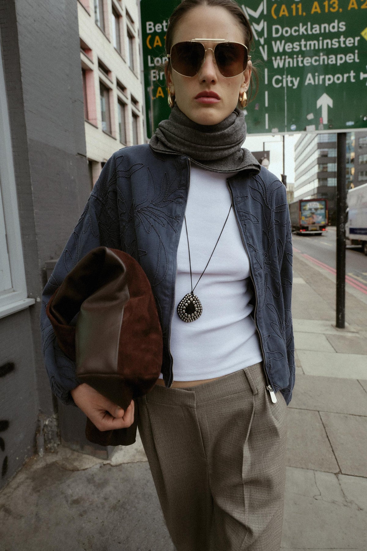 Embroidered Faux Suede Bomber