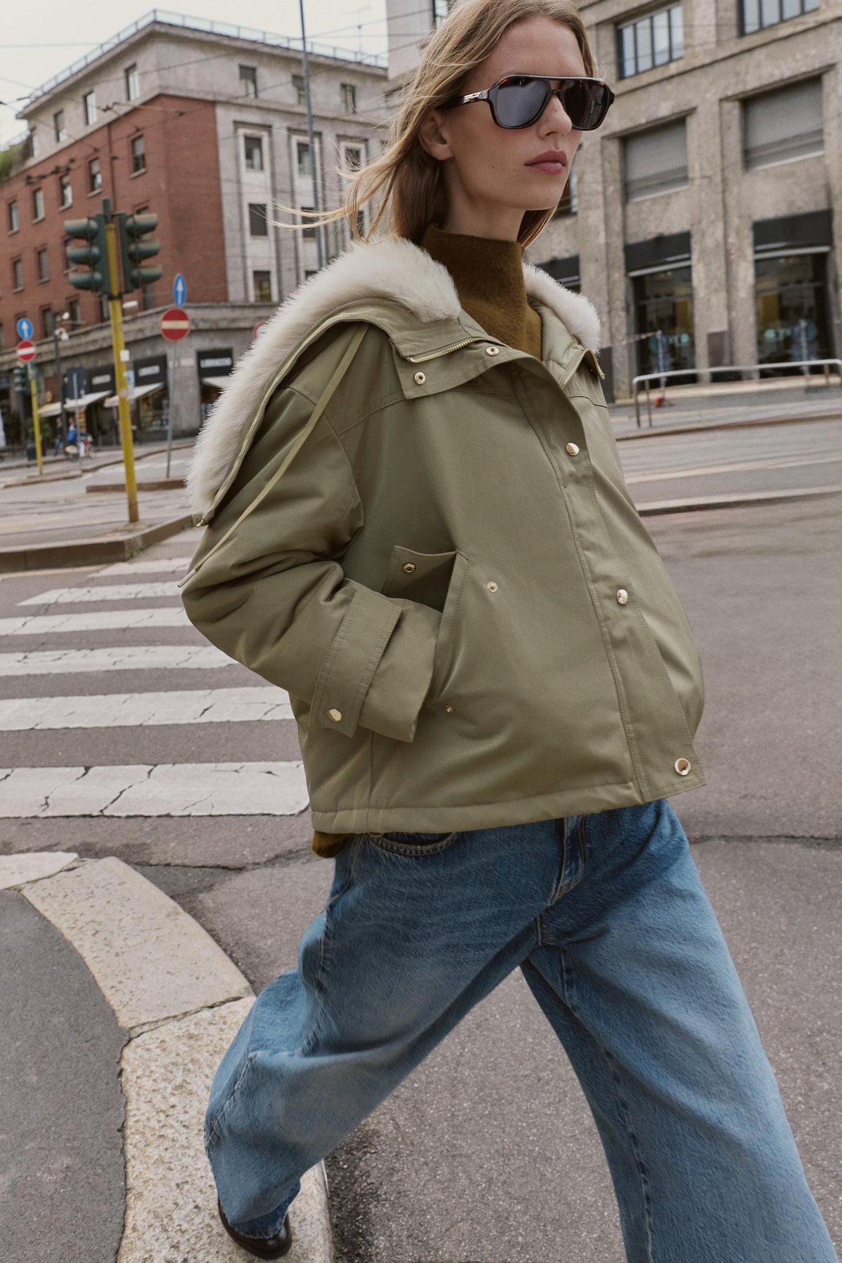 SHORT PARKA WITH FAUX FUR HOOD - Image 1