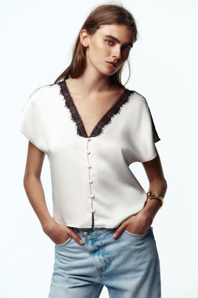 CONTRAST LACE SATIN BLOUSE