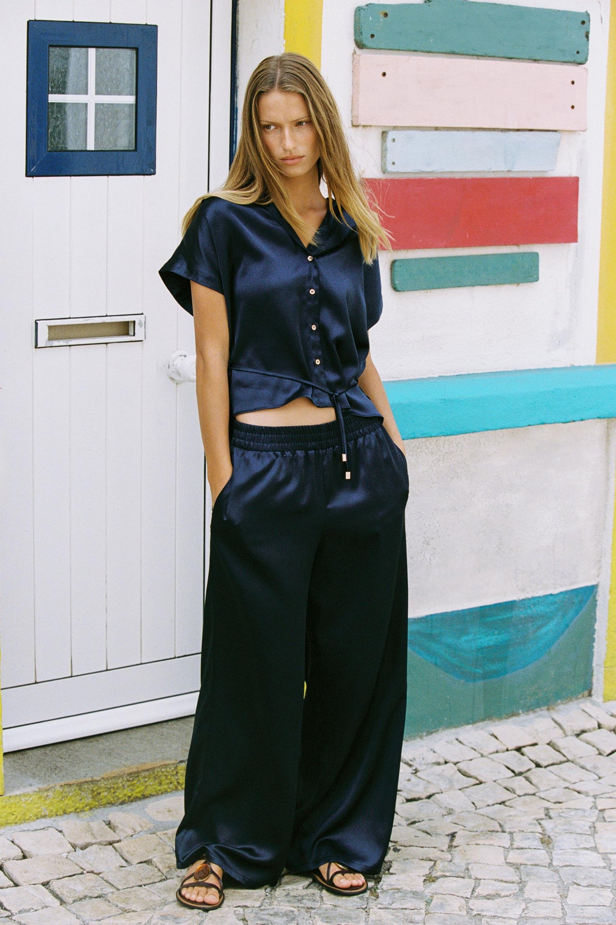 Satin shirt with belt