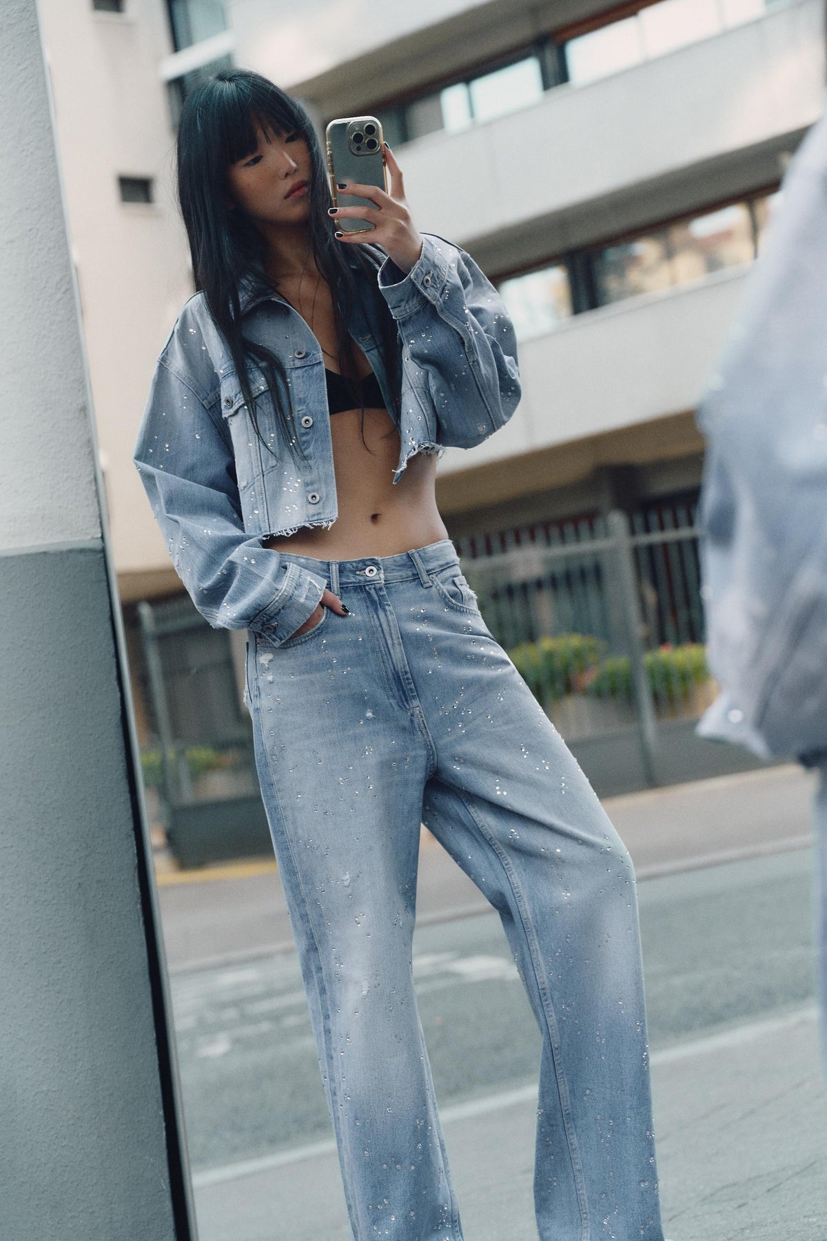 Rhinestone high-waist straight-leg jeans