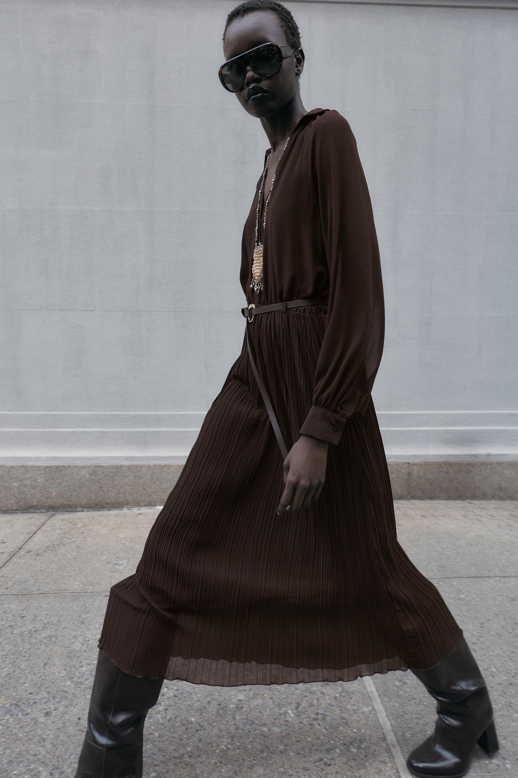 PLEATED MIDI DRESS WITH BELT - Image 2