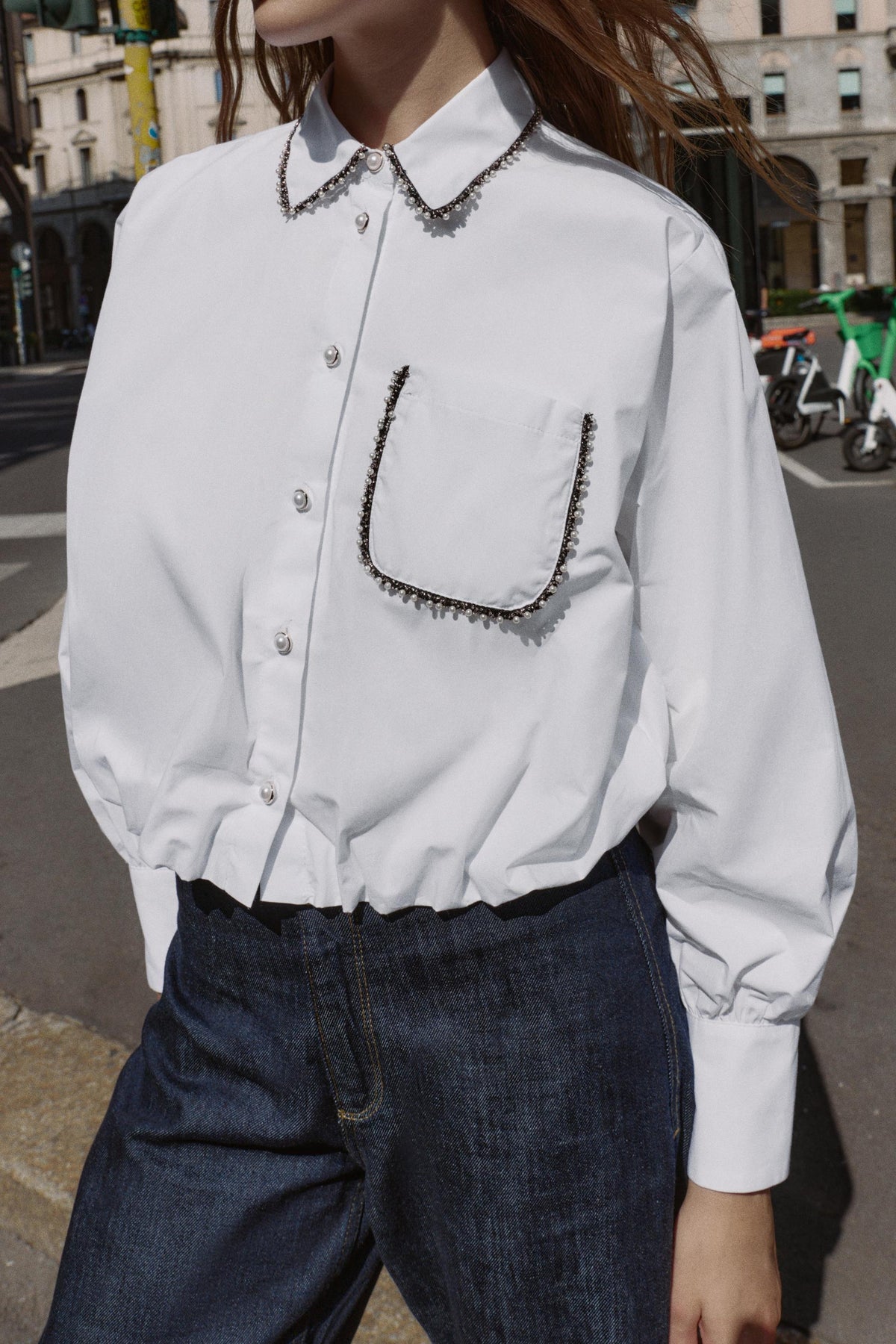 Beaded Poplin Balloon Shirt