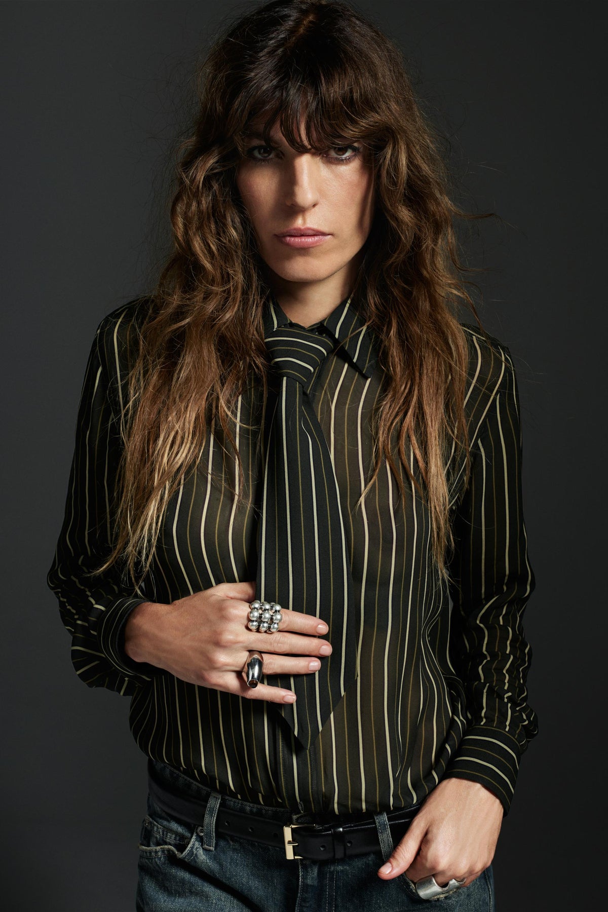 Striped flowing tie-neck shirt