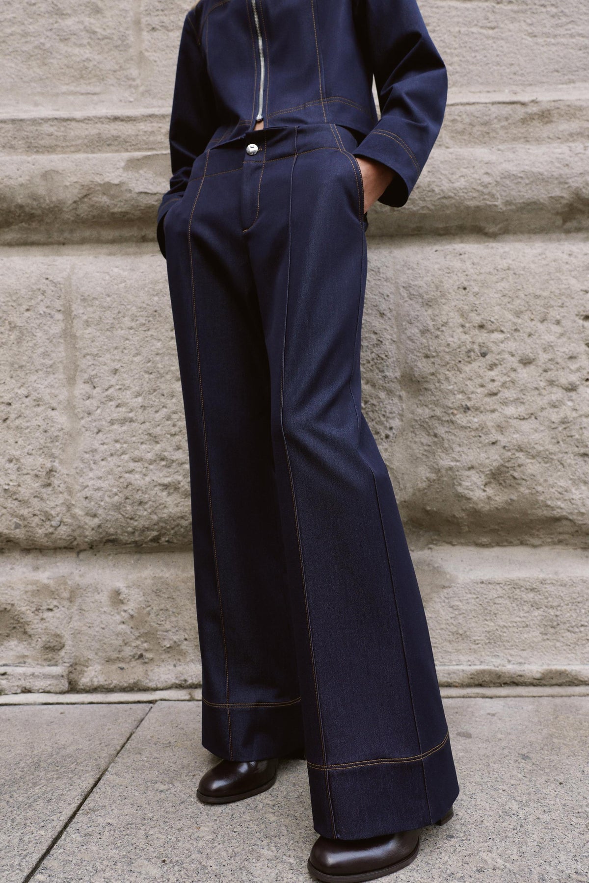 Contrast Topstitched Bootcut Trousers