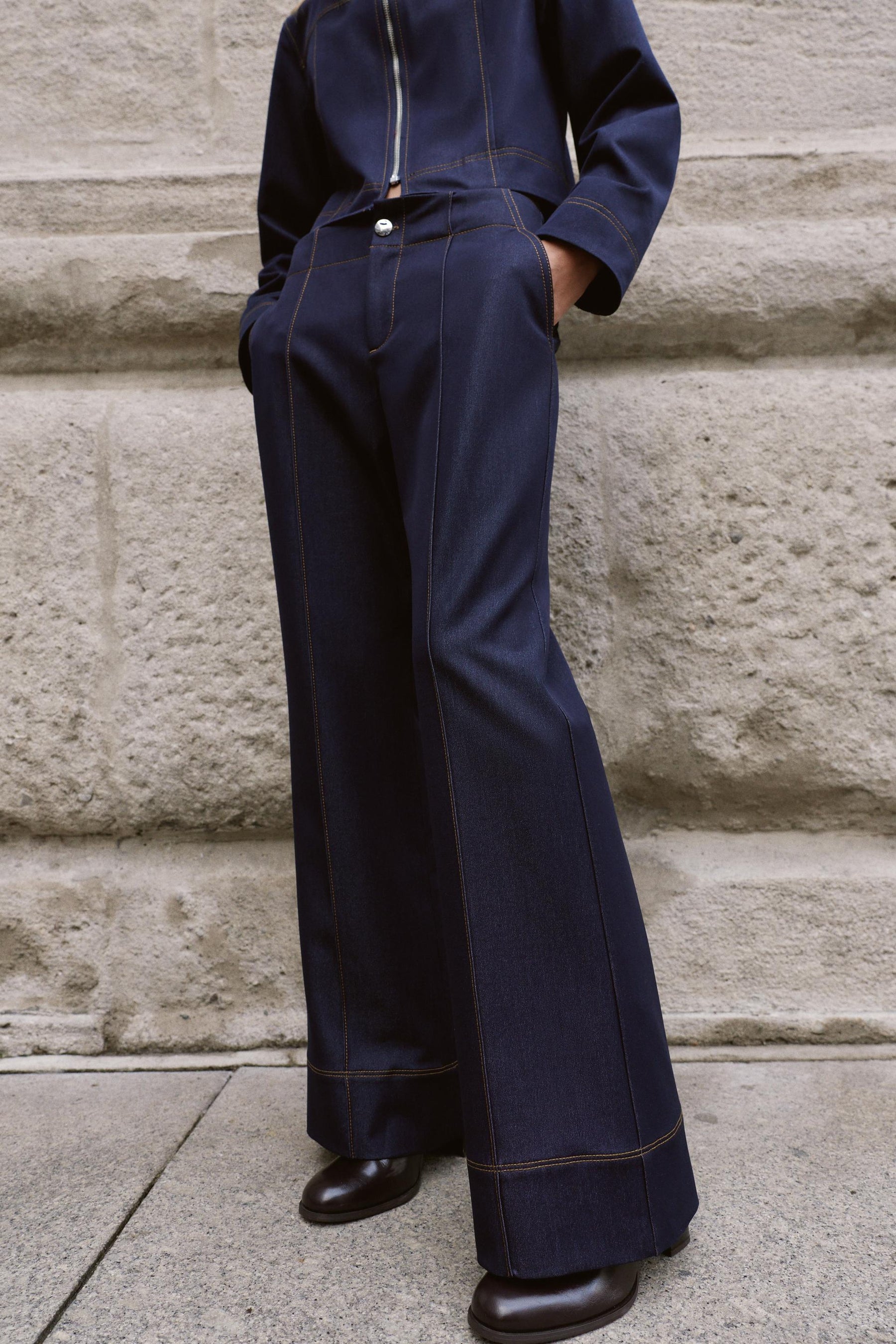 Contrast Topstitched Bootcut Trousers