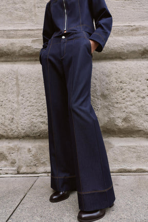 Contrast Topstitched Bootcut Trousers