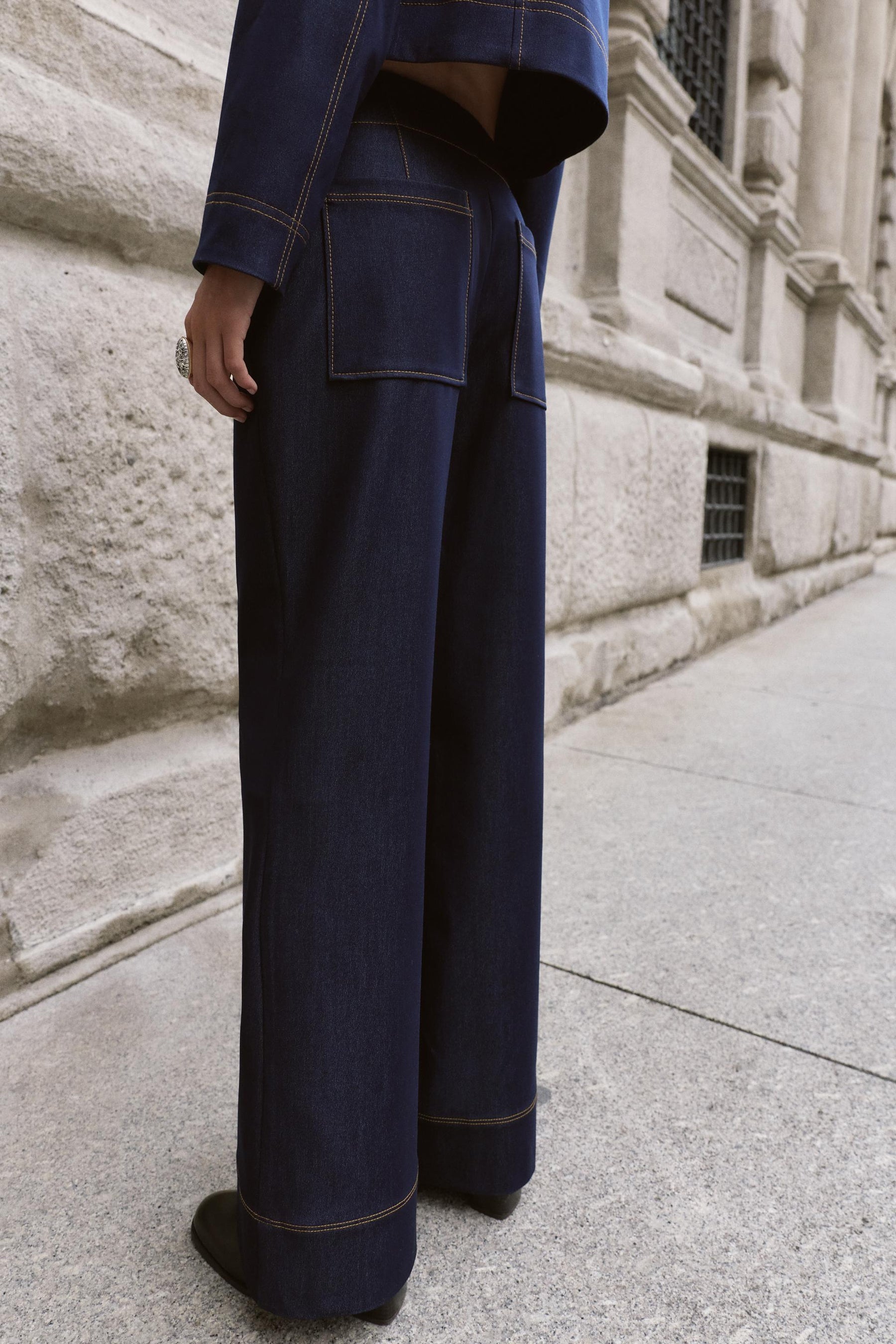 Contrast Topstitched Bootcut Trousers