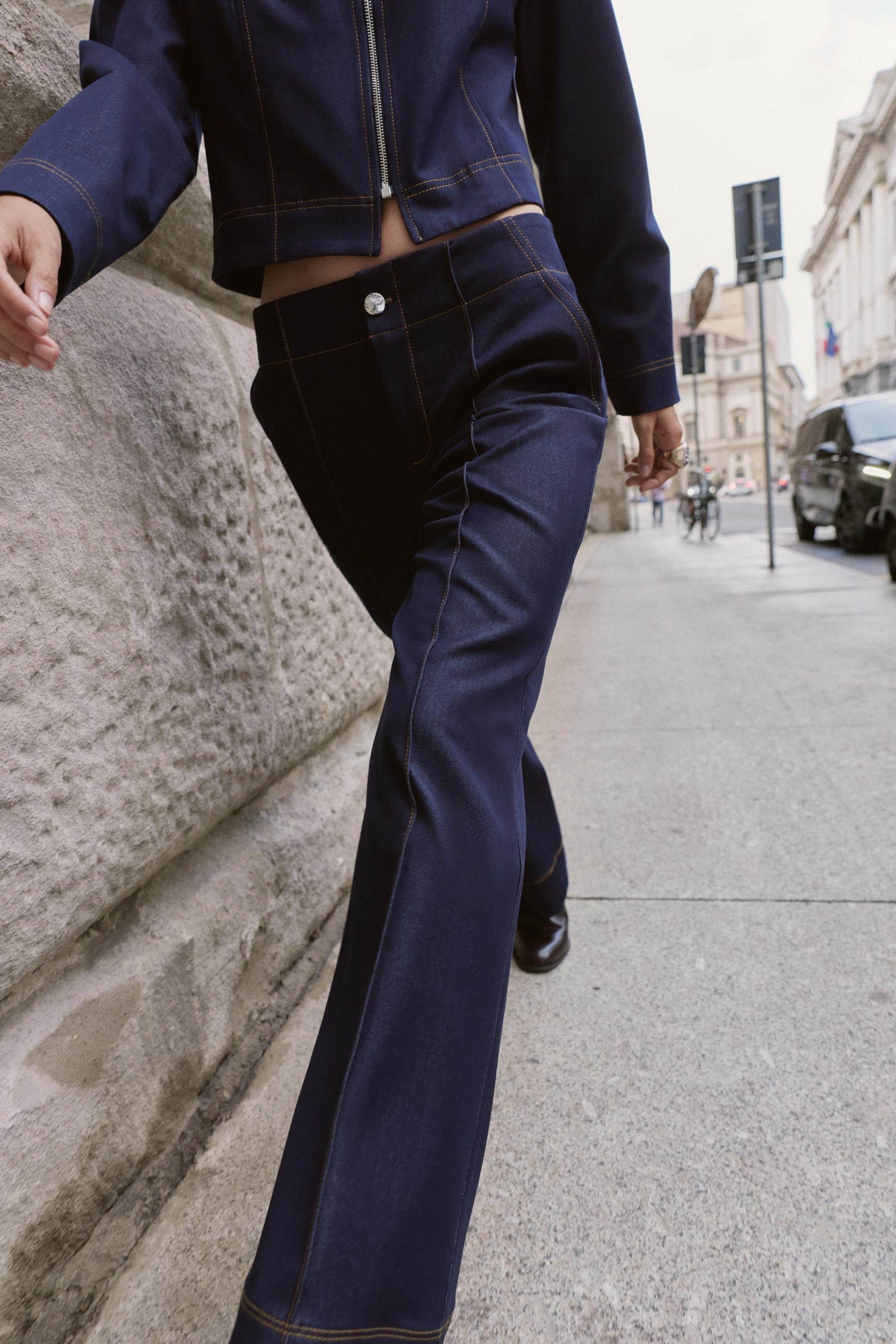 Contrast Topstitched Bootcut Trousers