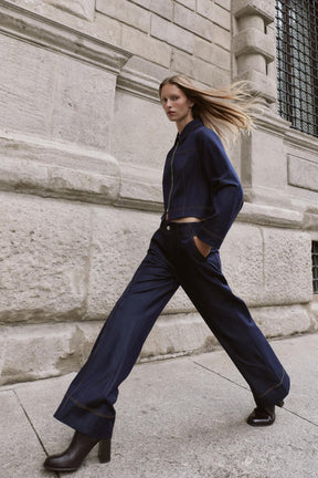 Contrast Topstitched Bootcut Trousers