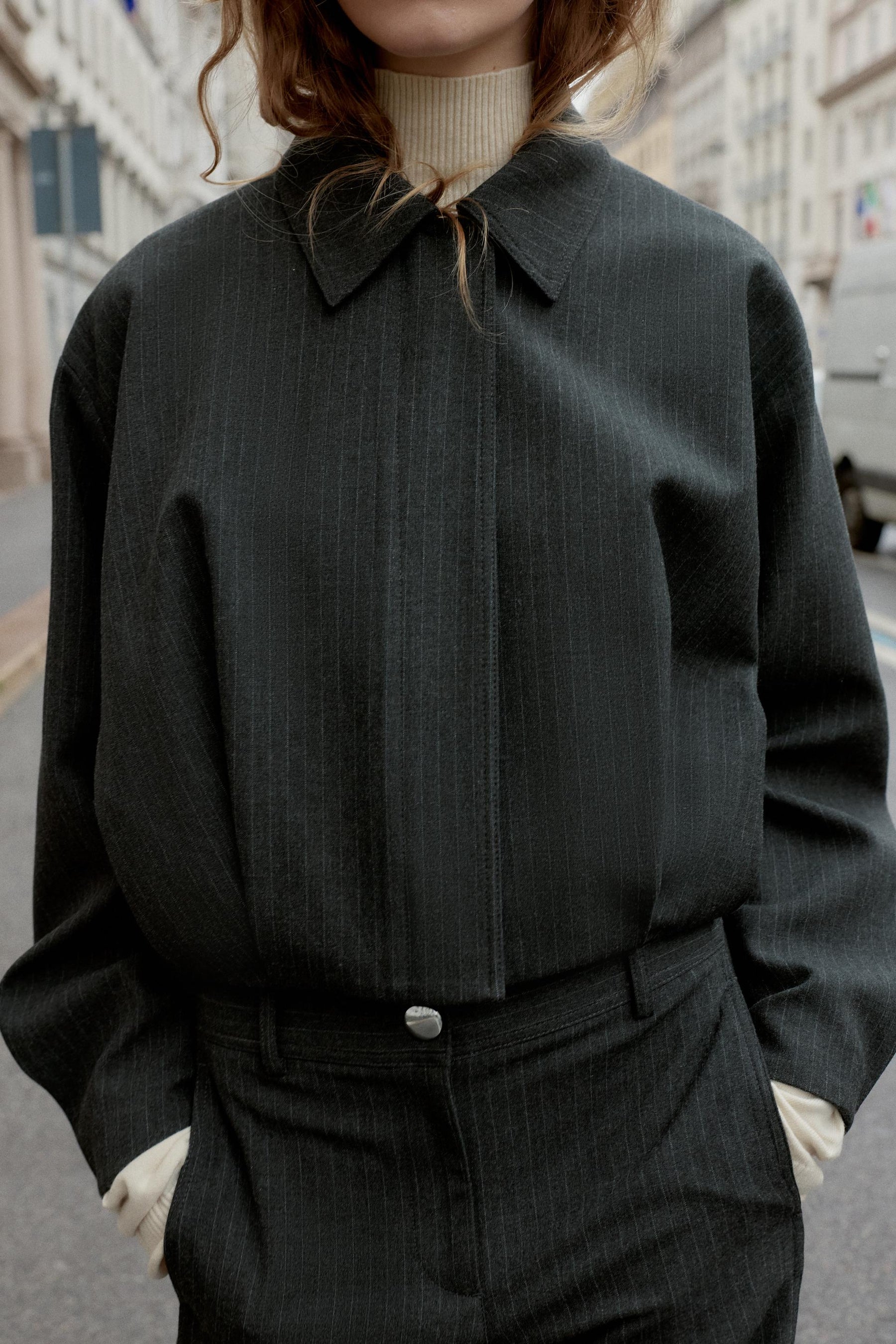 PINSTRIPE BALLOON BOMBER JACKET