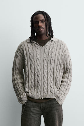 CABLE KNIT POLO SHIRT WITH DISTRESSED EFFECT - Image 2