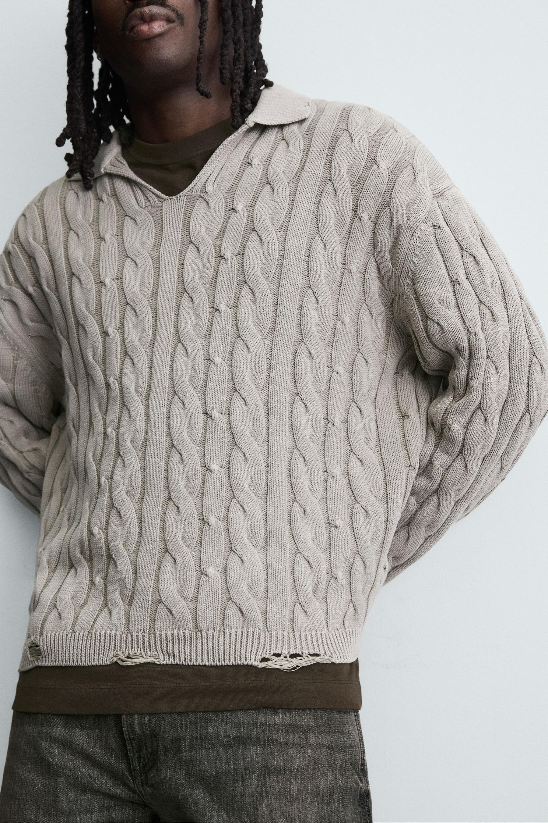 CABLE KNIT POLO SHIRT WITH DISTRESSED EFFECT - Image 6