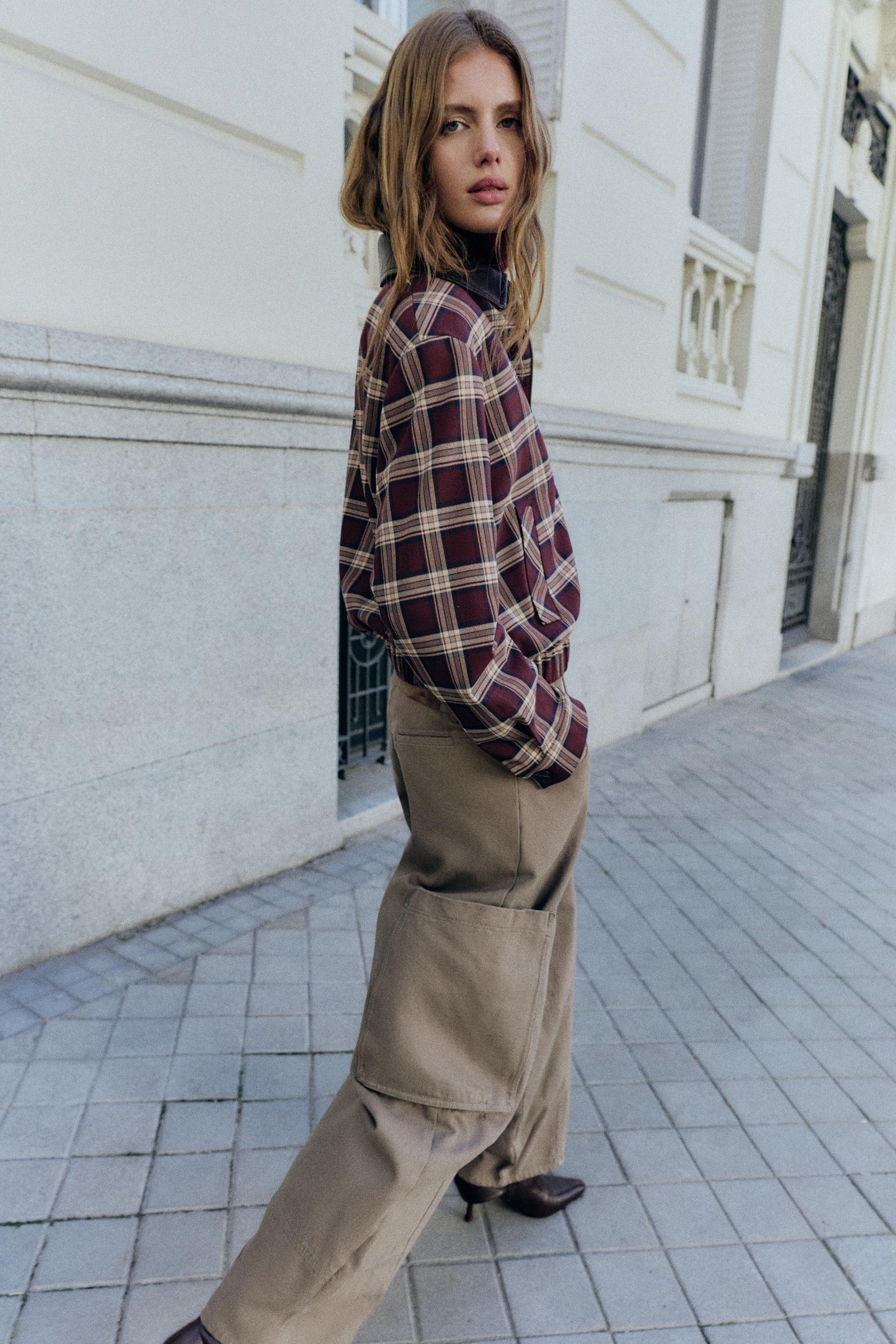 CHECKED BOMBER JACKET WITH leather effect LAPEL - Image 3