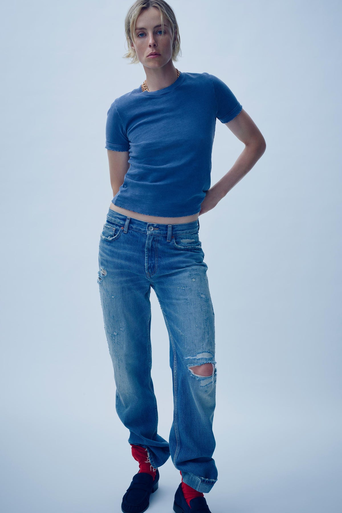 Straight-Leg Mid-Waist Ripped Jeans